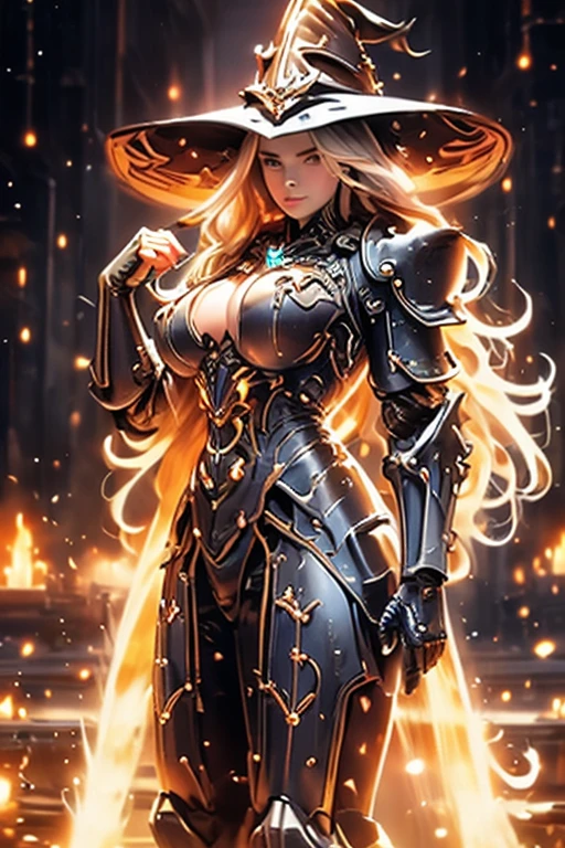 witch, big breasted, spell casting pose, power armor