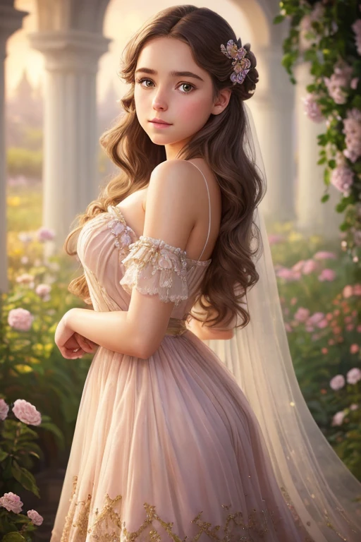 (Cinematic Photo:1.3) of (Realistic:1.3),(Cosy:1.3) beautiful young lady, (intricate cute brown hair), highly detailed skin textures, lifelike skin texture, looking directly at camera, (looking at viewer), pouting lips, Pastel, glitter, dramatic, dreamy, pastel flower garden, dressed like a princess elegant, Whimsical, Delicate, Highly detailed, Intricate, UHD digital photo, Fantasy theme, Fantasy concept art, glamour girl, beautiful young lady, perfect body, highly detailed full body shot, dreamy, pastel, Watercolor, Whimsical, Delicate, detailed hair ribbon, Highly detailed texture, life like texture, digital painting, Highly Detailed photograph,(Art Deco:1.3),(Photorealism:1.3),Fujifilm Superia:1.3),naturalism, golden hour light