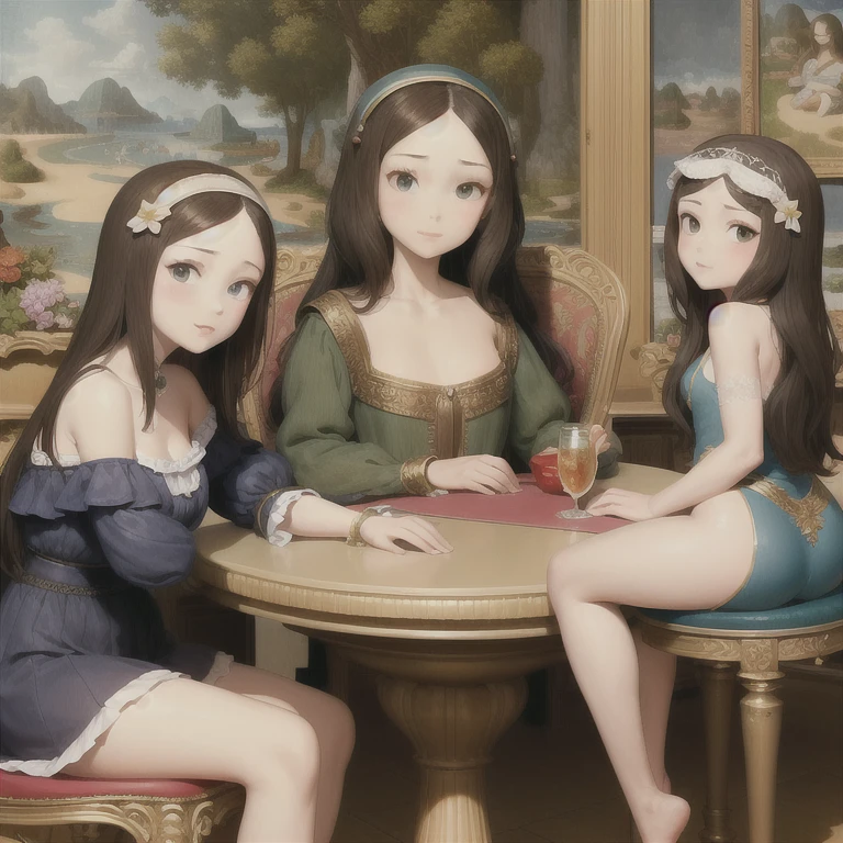 La Joconde, 25 ans, Mona Lisa, robe renaissance, posant dans un jardin, assise sur un tabouret, bodypainting