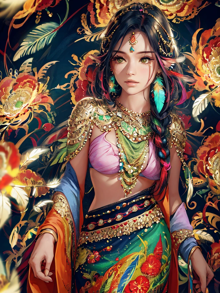 (masterpiece, top quality, Best quality, official art, beautiful and aesthetically pleasing:1.2), (1 girl, mature:1.3, got old:1.3), long hair, braid sidelocks, Extremely detailed,(fractal art:1.1),(colorful:1.4)(flowers:1.3),The most detailed,(zentangle:1.2), (dynamic pose), (abstract background:1.3), (shiny skin), (many colors:1.4),(earrings:1.4), (feathers:1.4), cowboy shot