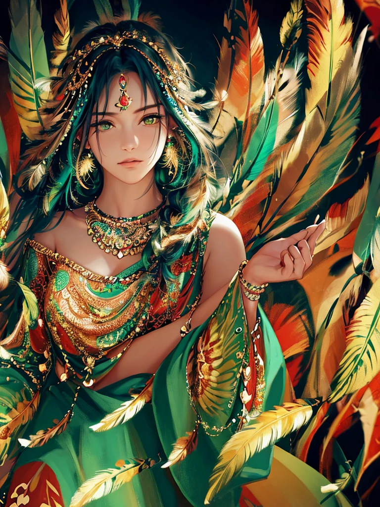 (masterpiece, top quality, Best quality, official art, beautiful and aesthetically pleasing:1.2), (1 girl, mature:1.3, got old:1.3), long hair, braid sidelocks, Extremely detailed,(fractal art:1.1),(colorful:1.4)(flowers:1.3),The most detailed,(zentangle:1.2), (dynamic pose), (abstract background:1.3), (shiny skin), (many colors:1.4),(earrings:1.4), (feathers:1.4), cowboy shot