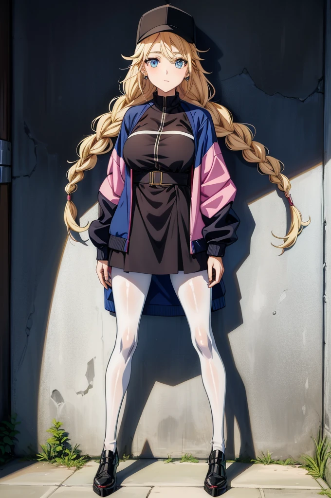 a woman next to a large wall with an anime character painting on the wall, 1girl, breasts, solo, blue eyes, blonde hair, pantyhose, jewelry, earrings, twin braids, hat, braid, long hair, black headwear, jacket, looking at viewer, white jacket, baseball cap, dress, full body