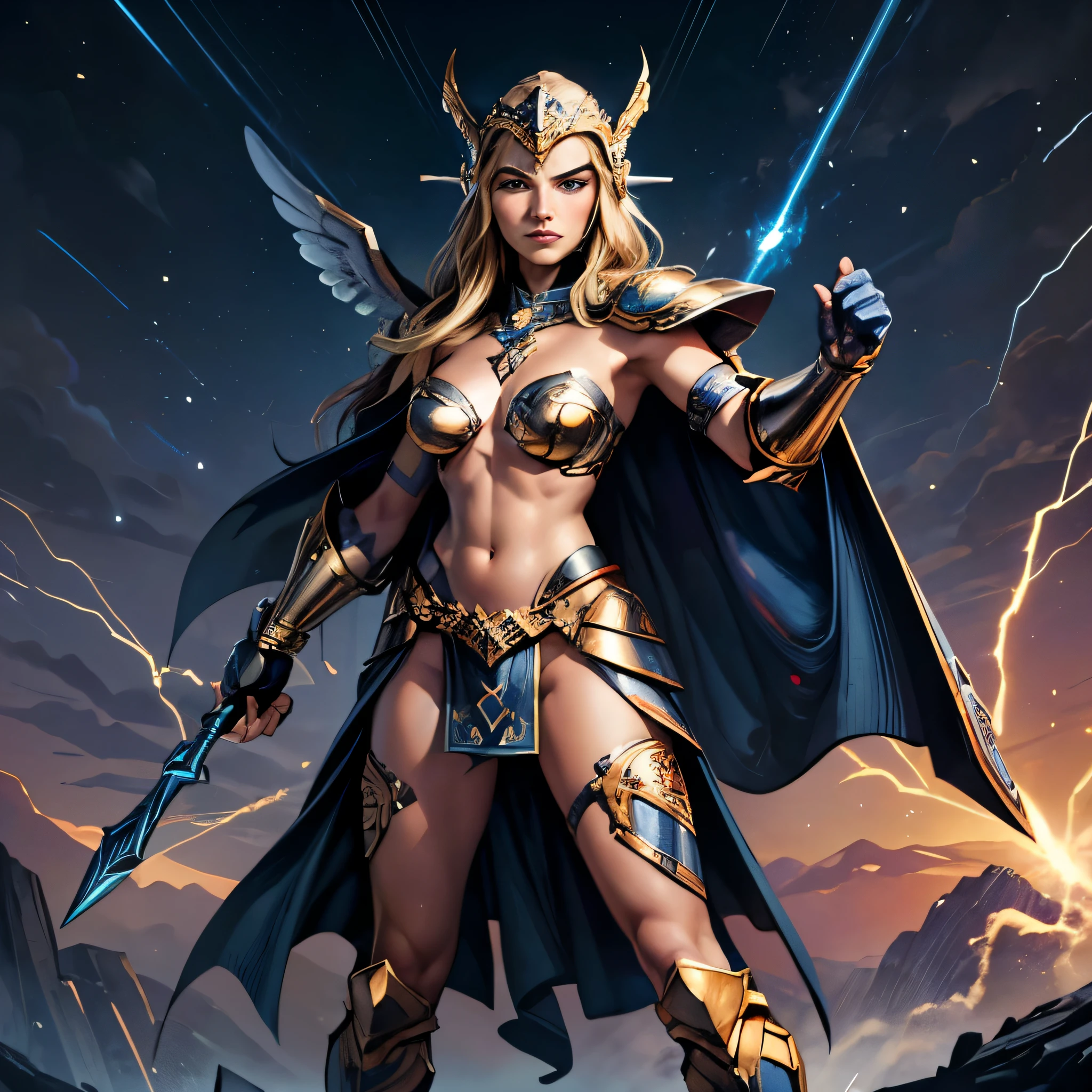 masterpiece, best quality, masterpiece, godlike quality, godlike art, highly detailed face, 1woman, digital illustration of Thundra, the Asgardian hero, standing confidently in her dark blue/purple armor with gold trim inspired by Jack Kirby's designs. blonde hair. Capture the essence of her power as she commands thunder and lightning, with her cape resembling a star field. Include the (((Norse helm with gold wings))) and showcase her right hand covered in a heavy armored glove. cosmic background. deep v neck. stern expression, (best quality), (masterpiece), realistic, sharp, 8k, (helmet), (purple armor), valkyrie, (full body), pretty face, (blue eyes), (((left hand glove))), (((Armored left hand))), bare right hand, star pattern, good hands, detailed hands. (((full helmet))), (((Helmet that covers the head with nose guard))), one leg raised, fist punching, holding a lightning bolt, shooting lightning from hand, (((dynamic pose)))
