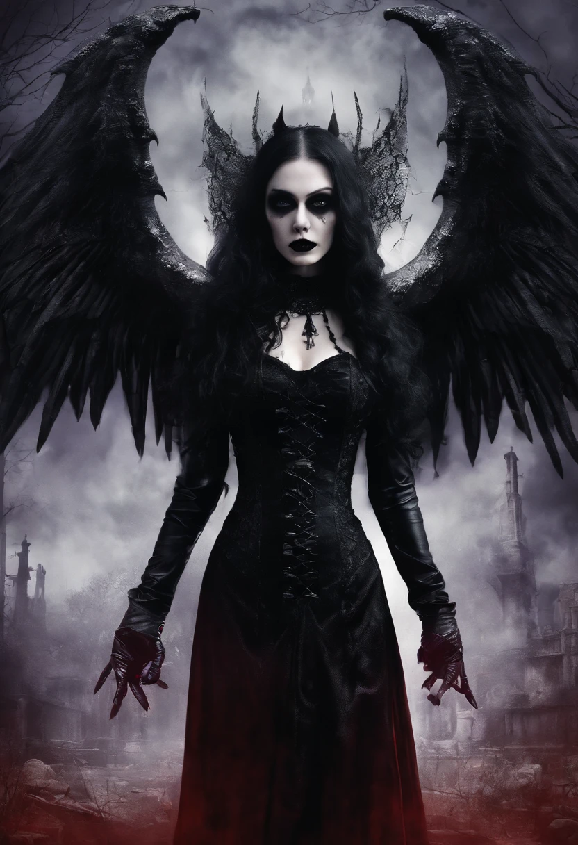 general full body shot: 1.5, (((night, darkness, beautiful winged woman dressed in black gothic style:1.7))) hood, opens her mouth showing her teeth with fangs:1., red and black back ground, optical, Panoramic lighting, atmospheric perspective, night, darkness, survey: 5D, Clear facial features, Vampire wings spread, impressive details, 8K Ultra-resolution, Stunning illustration, the best of all, Award-winning, how to be the best, ((red, black , purple colors: 1.5)), cemetery setting, magical, idyllic, epic: 1.5, photorealistic: 1.4, Skin texture: 1.4, super detailed and perfect, Masterpiece, super detailed, hyper detailed, well-defined lights and shadows , 32K