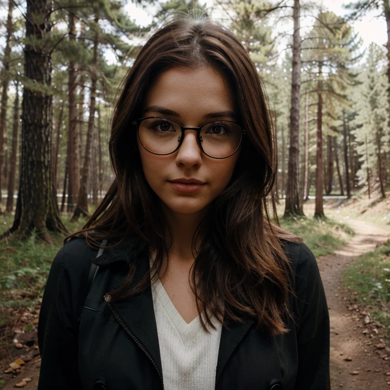 Beautiful, brown haired, woman, perfect face, wearing black regular glasses, in the woods hiking 