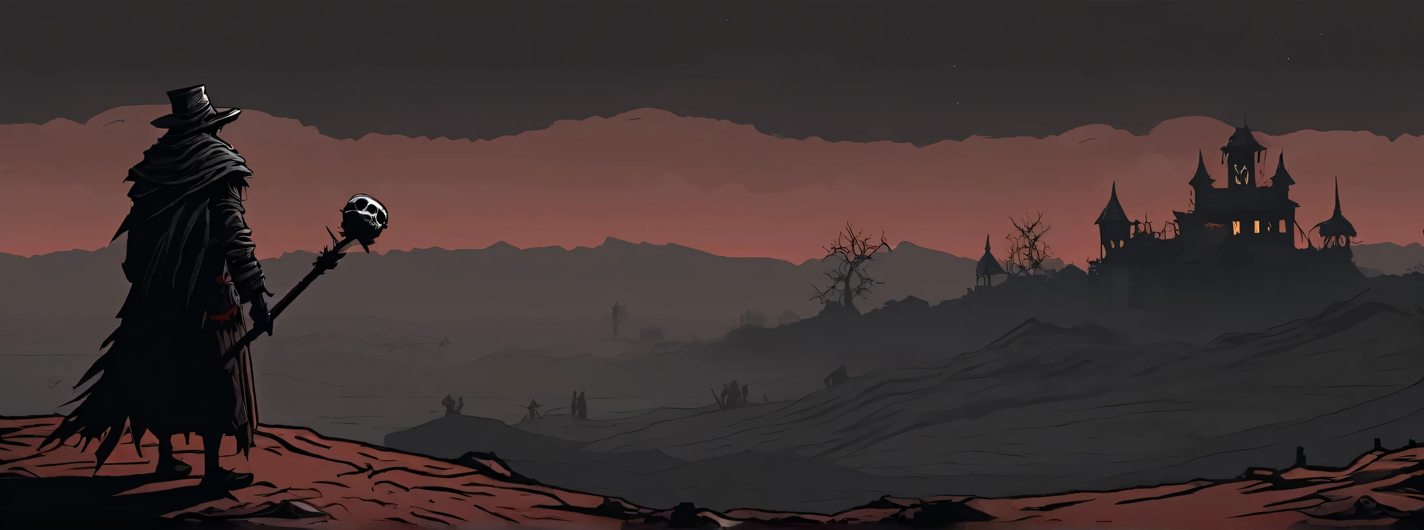 (((darkest dungeon style))), ((darkest dungeon background)), grand wasteland, pale red sand, blood stained sands, view from the hill, ((dark rag scarecrow on a staff)), gray horizon, gray sky, gloomy sky, endless night, (dark lighting), many shadows, cold lights, highly detailed, extremely detailed, masterpiece