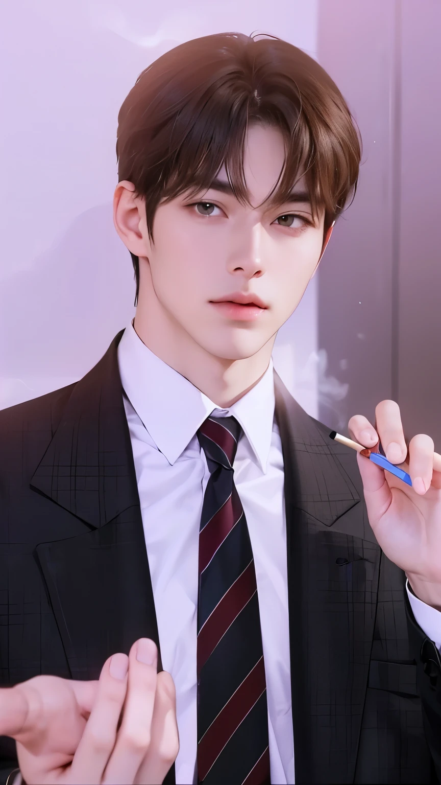 Masterpiece of man, Adult man with firm facial features like an Korean man, brown eyes, his nose is sharp, mature, brown eyes, neat short brown hair, holding a cigarette, very handsome, white, clean, smooth skin, masterpiece of man, reality man, quality of man, real man