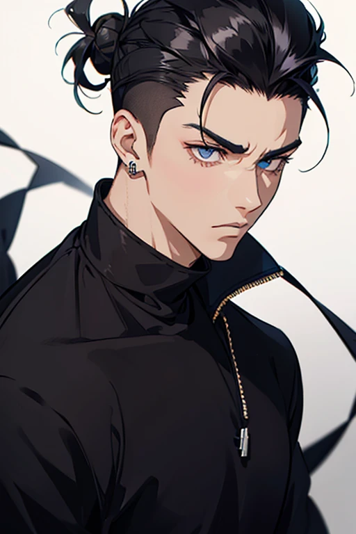 man gradient anime young black hair with low bun shaved sides turns hair to the left side in the middle serious face with black earrings sweatshirt