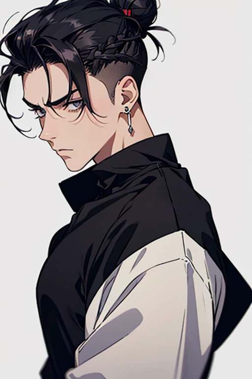 man gradient anime young black hair with low bun shaved sides turns hair to the left side in the middle serious face with black earrings sweatshirt