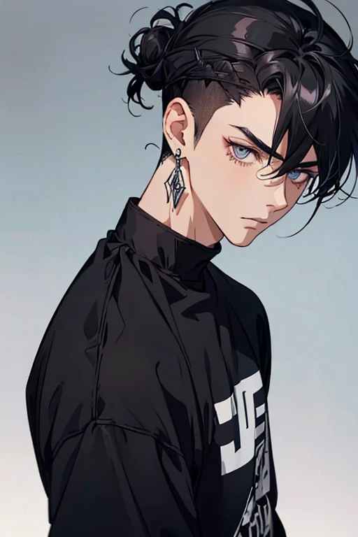 man gradient anime young black hair with low bun shaved sides turns hair to the left side in the middle serious face with black earrings sweatshirt