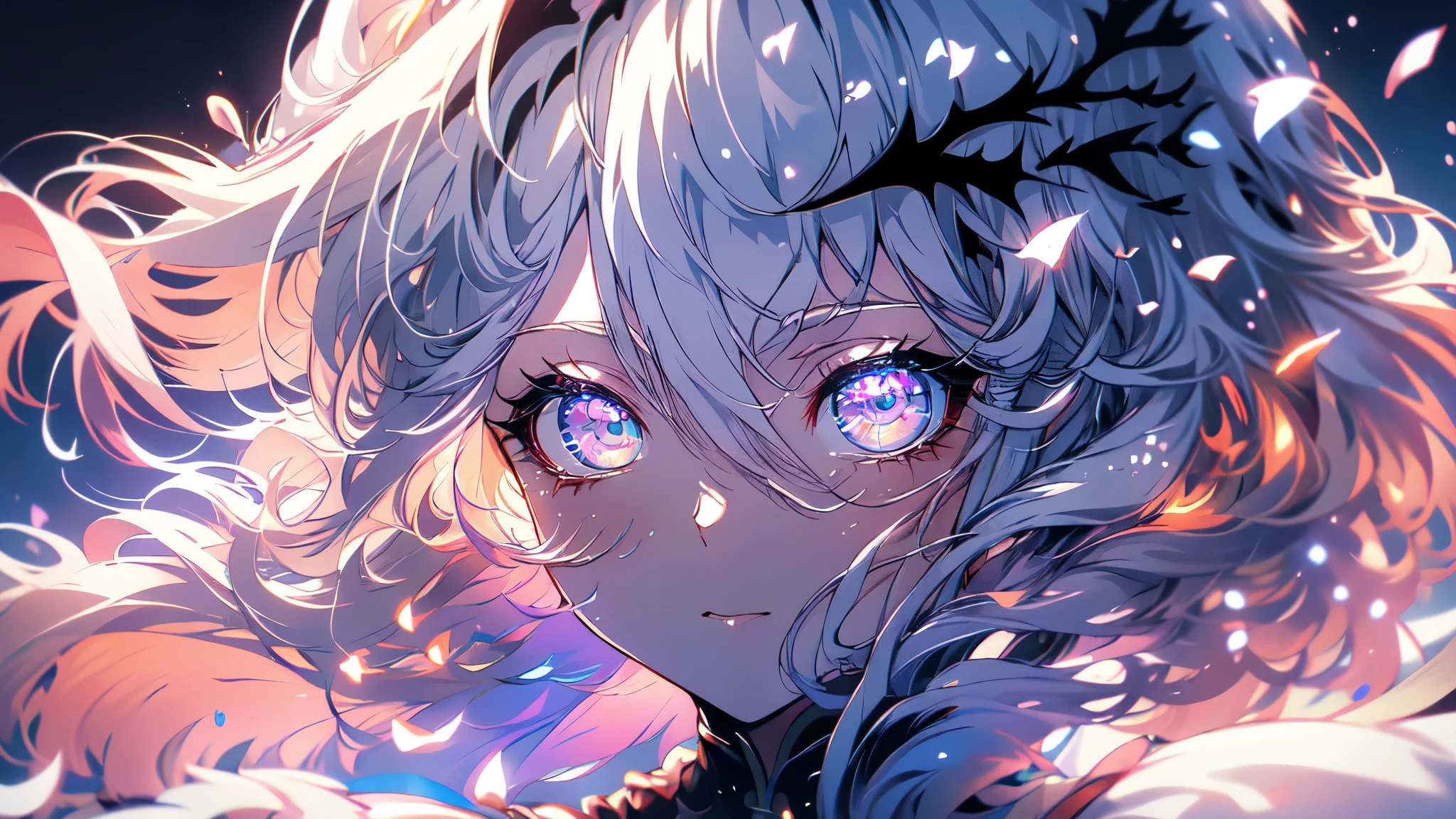 (8k, mejor calidad, Obra maestra:1.2),Muy detallado,ultra detallado,clase maestra,mejor calidad,illustration,Perfect lighting, Beautiful female, young, fine features. Her skin is pale as the snow with a nice blush on her cheeks and nose. Her eyes are siren shaped ones, shinny blue, with long bautiful lashes. Her hair is long and white, straight and glossy. Has perfect pixie ears. darkness, cool tones, ethereal lighting. fluffy hair. White silky gown, black crown with red rubies. portrait. blood.