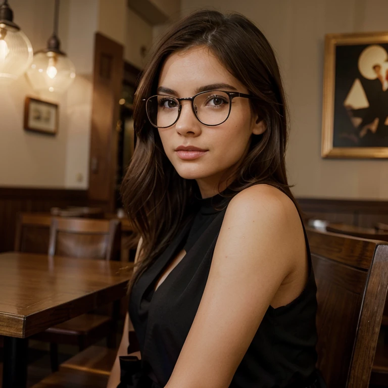 Beautiful, brown haired, woman, perfect face, sexy, wearing black regular glasses, sitting in a restaurant, wearing a black dress