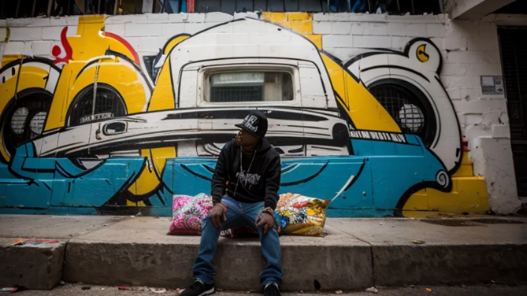 One man,south bronx hiphop, hip hop, wrap ,Graffiti art, against the backdrop of the city,(80&#39;s), (Boombox), Intricate details, Super detailed , Cinema Soft Light, Exposure Blending, Dynamic Range, front