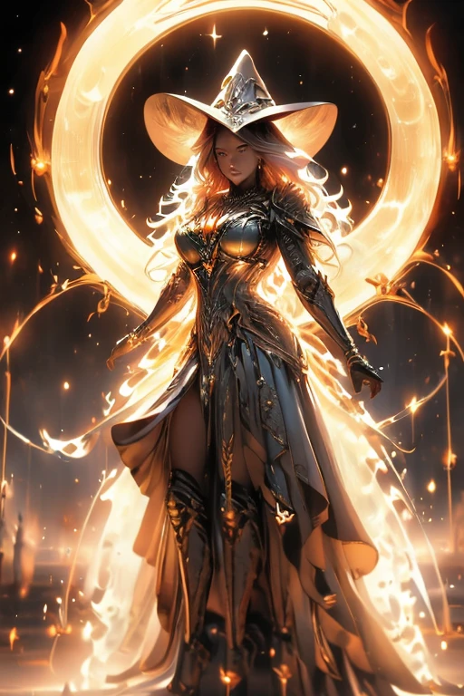 (highres,masterpiece:1.2),ultra-detailed,realistic,witch,redhead,short hair,big breasted,spell casting pose,power armor,dark magical background,mystical aura,stunning eyes,fierce expression,detailed facial features,hourglass figure,glimmering spells,ancient runes,enchanted staff,flowing robes,hooded cloak,mysterious atmosphere,magic flames,glowing amulet,intense gaze,concentrated energy,mist-filled surroundings,casting a powerful spell,3D rendered illustration,depth and texture,brilliant colors,strong highlights and shadows,dynamic composition,enchanting artist style,ethereal beauty,dramatic lighting,spellbinding creation,otherworldly feel,witchcraft and sorcery,mythical powers,imposing presence,fantasy artwork