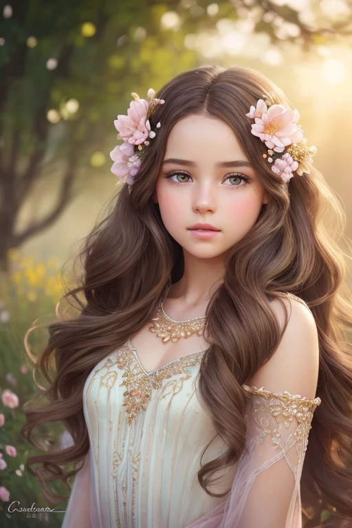 (Cinematic Photo:1.3) of (Realistic:1.3),(Cosy:1.3) beautiful girl, (intricate cute brown hair), highly detailed skin textures, lifelike skin texture, looking directly at camera, (looking at viewer), pouting lips, Pastel, glitter, dreamy, flower garden, dressed like a princess, elegant, Whimsical, Delicate, Highly detailed, Intricate, UHD digital photo, Fantasy theme, Fantasy concept art, glamour girl, beautiful girl, perfect body, highly detailed full body shot, dreamy, pastel, Watercolor, Whimsical, Delicate, detailed hair ribbon, Highly detailed texture, life like texture, digital painting, Highly Detailed photograph,(Art Deco:1.3),(Photorealism:1.3),Fujifilm Superia:1.3),naturalism, golden hour light