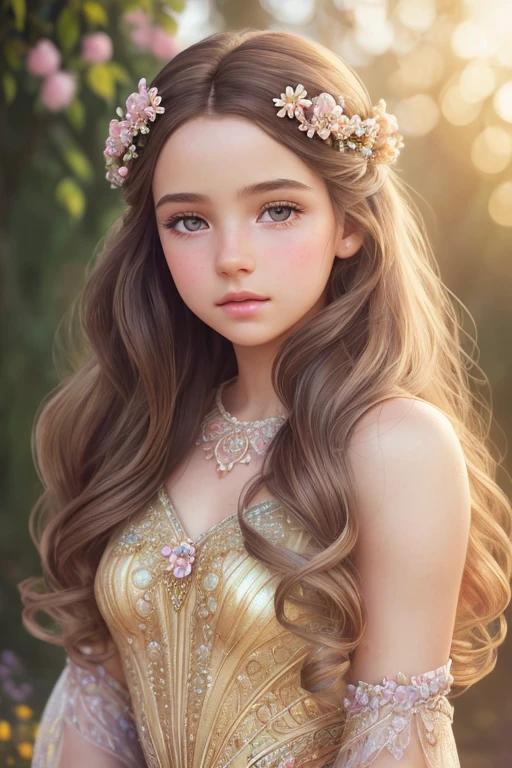 (Cinematic Photo:1.3) of (Realistic:1.3),(Cosy:1.3) beautiful girl, (intricate cute brown hair), highly detailed skin textures, lifelike skin texture, looking directly at camera, (looking at viewer), pouting lips, Pastel, glitter, dreamy, flower garden, dressed like a princess, elegant, Whimsical, Delicate, Highly detailed, Intricate, UHD digital photo, Fantasy theme, Fantasy concept art, glamour girl, beautiful girl, perfect body, highly detailed full body shot, dreamy, pastel, Watercolor, Whimsical, Delicate, detailed hair ribbon, Highly detailed texture, life like texture, digital painting, Highly Detailed photograph,(Art Deco:1.3),(Photorealism:1.3),Fujifilm Superia:1.3),naturalism, golden hour light