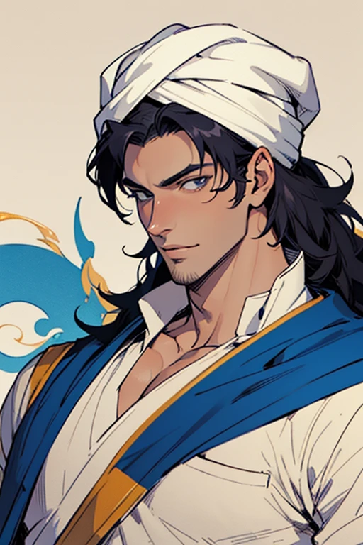 drawing of a man with a white turban on his head, Prince Charming Aladdin,in manga style, cool shading, handsome guy in art, Anime handsome,Ottoman prince