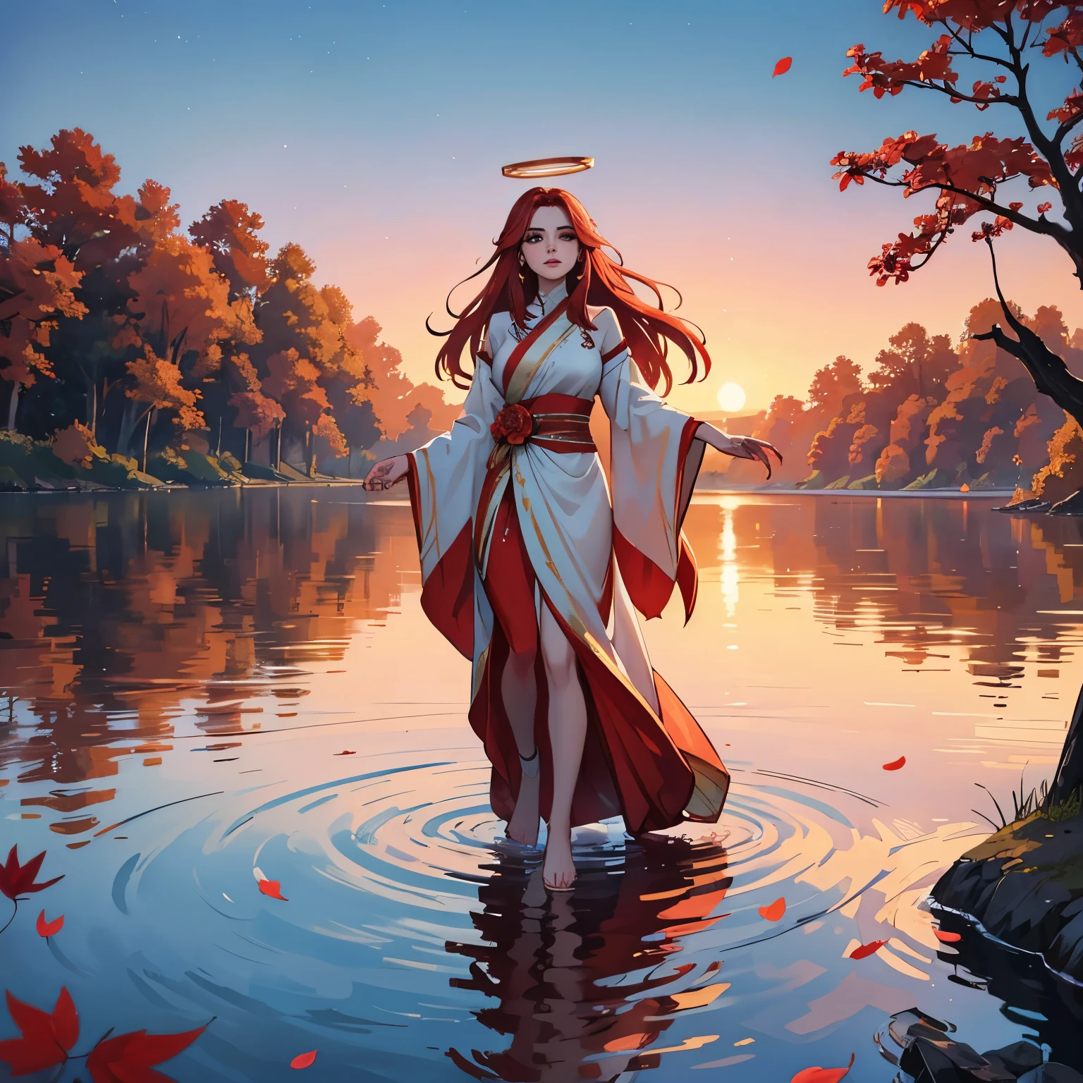 ethereal beauty of a 25-year-old woman with resplendent red hair, reminiscent of autumn leaves ablaze. She stands by a tranquil lake at sunset, the sky painted in hues of pink and gold, reflecting off the water's surface. Her hair dances in the gentle breeze, framing her delicate features with a fiery halo. Adorn her in attire that harmonizes with the natural surroundings, enhancing her allure and elegance. Let her gaze exude confidence and serenity, inviting viewers into a world of enchantment and wonder.