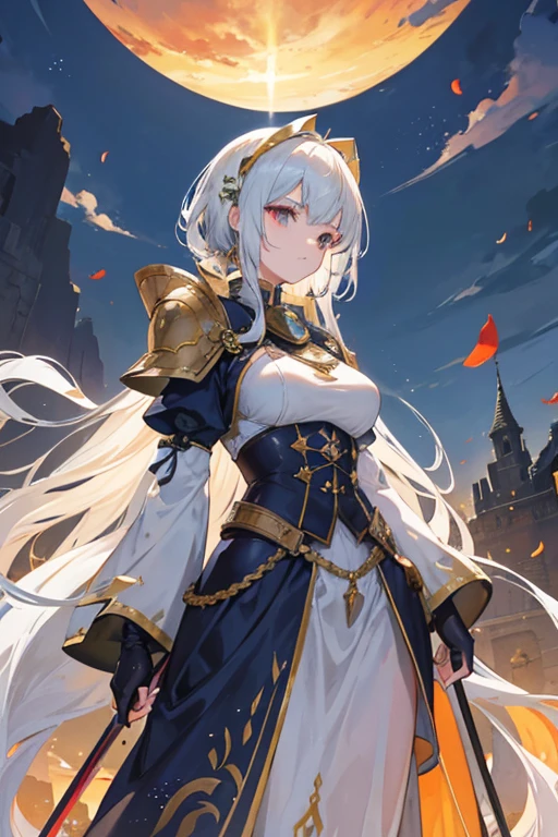 At the top of a steep hill, against the twilight horizon, an imposing figure stands with majesty. A woman, wearing full armor, stands at the highest point of the terrain, gazing determinedly into the valley below. Her helmet is adorned with intricate details, with a visor that reveals only her resolute eyes, shining with the golden light of the setting sun. Her armor, polished to an impeccable shine, is a masterpiece of craftsmanship, each plate meticulously forged to offer maximum protection without compromising mobility. Each piece gleams as it reflects the last rays of sunlight, creating a striking contrast with the somber landscape around her. In her right hand, she holds a longsword, whose gleaming blade seems eager to challenge any adversary that dares to cross her path. In the left, a shield adorned with a familiar crest, symbol of her lineage and heritage. The wind gently stirs the cape that envelops her shoulders, highlighting her firm and confident posture. She is a fearless warrior, a defender of her realm and her people, ready to face any challenge that fate may hold. Around her, the medieval scenery unfolds in all its grandeur. Castle towers rise against the orange-tinted sky, while verdant fields stretch as far as the eye can see. The distant sound of church bells and the clashing of swords echo through the air, reminding her of the constantly conflicted world she has sworn to protect. In this solemn moment, she prepares to descend the steep slope toward the valley below, where destiny awaits with its challenges and dangers. But she does not falter; her heart is filled with courage and determination, ready to face any battle that life may present her.