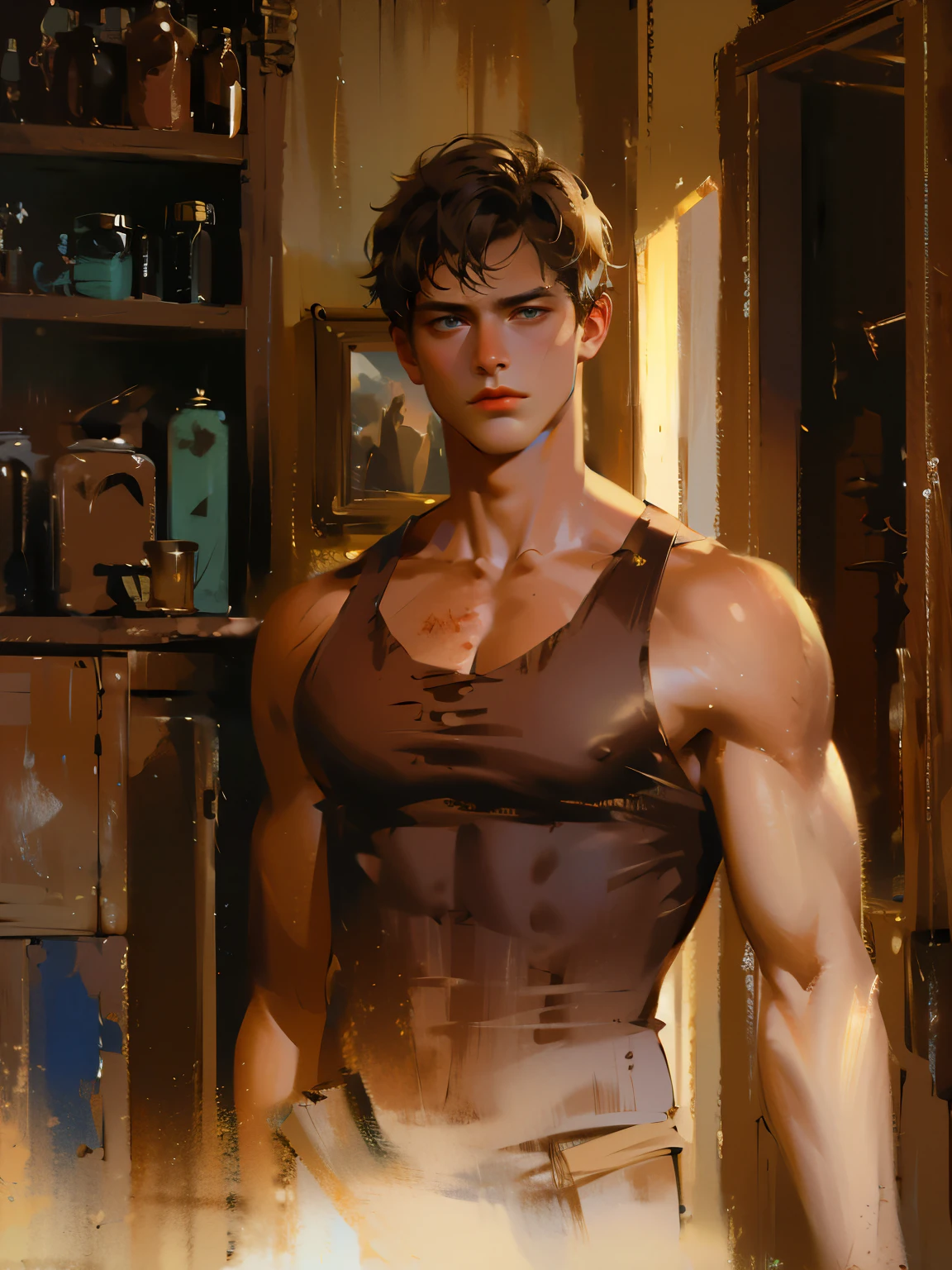 (masterpiece, best quality, high quality, absurdres, highres:1.2), ((modern)), upper body, male, adult man, broad jaw, 30yo, tan skin, muscular, short brown hair, blue eyes, brown shirt, portrait, worried gaze, ((mechanic shop interior background)), dark clothes, dramatic lighting, dim lighting, ((bloody bite mark on shoulder)), dark colors, night,