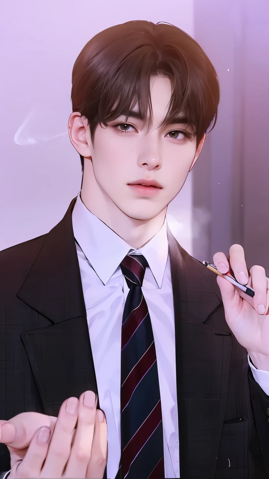 Masterpiece of man, Adult man with firm facial features like an Korean man, brown eyes, his nose is sharp, mature, brown eyes, neat short brown hair, is holding a cigarette and offering a lighter, very handsome, white, clean, smooth skin, masterpiece of man, reality man, quality of man, real man