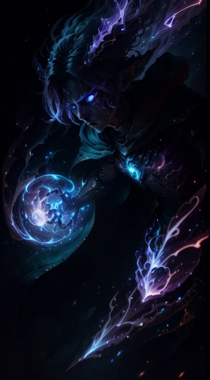 A demon witch casting fire spells, beautiful, very detailed, surreal, cinematic lighting, dark, space background, soft cinematic lighting, (backlight: 1.2), (flare: 1.2), (flash: 1.1), (chromatic aberration: 1.2), clear focus, high contrast, V0id3nergy magic aura, V0id3 energy battle mage, V0id3 nergy cute hollow