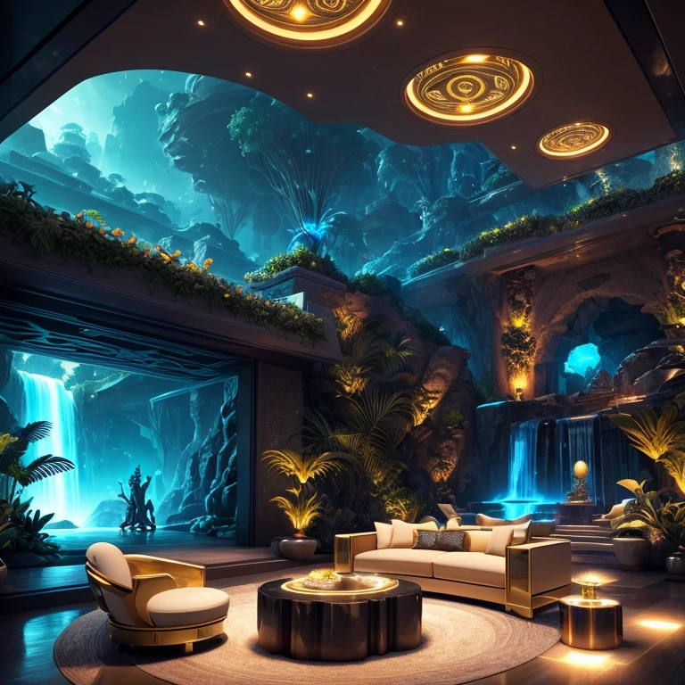 incredible luxurious futuristic living room interior in Ancient Egyptian style with many ((lush plants)) (lotus flowers), ((palm trees)), rocky walls, (sand), ((waterfalls)) (marble), ((precious minerals)), ((metals)), (gemstones), crystals, clouds and ((water)), ((futuristic luxury furniture)), ((plants made out of gemstones and precious minerals)), crocodiles, (hieroglyphics), (((ultra luxury))), (black marble) – with ((beautiful lights)), Unreal Engine, HQ, 16k