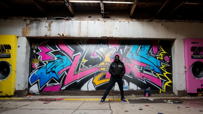 One man,south bronx hiphop, hip hop, wrap ,Graffiti art,(Spray can), against the backdrop of the city,(80's), (Boombox), Intricate details, Super detailed , Cinema Soft Light, Exposure Blending, Dynamic Range, front