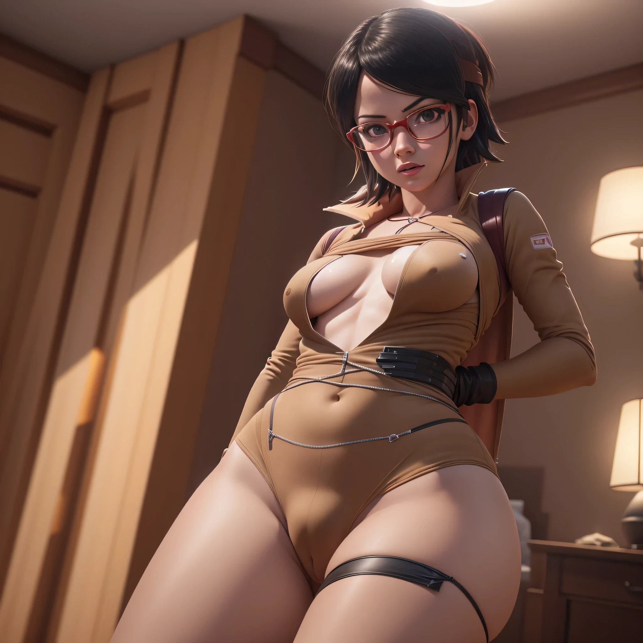 1Girl, sarada uchiha from naruto, red eyes,Wearing glasses, red clothes,Very Big Breasts, perfect face, only panties, in bed, (dark private study, dark and moody light: 1.2) (camel toe: 1.5) (small tits: 1.4) spread legs, wet panties Cinematic, Hyper-detailed, insane details, Beautifully color graded, Unreal Engine, DOF, Super-Resolution, Megapixel, Cinematic Lightning, Anti-Aliasing, FKAA, TXAA, RTX, SSAO, Post Processing, Post Production, Tone Mapping, CGI, VFX, SFX, Insanely detailed and intricate, Hyper maximalist, Hyper realistic, Volumetric, Photorealistic, ultra photoreal, ultra-detailed, intricate details, 8K, Super detailed, Full color, Volumetric lightning, HDR, Realistic, Unreal Engine, 16K, Sharp focus, Octane render