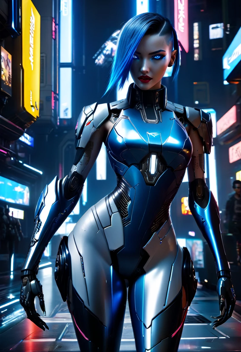 Hyper realistic photo Realism CG 8K mecha cyberpunk 2077, perfect face, thin curved eyebrows, eyeliner, dark eye shadow, vibrant lipstick, perfect makeup, half shaved hair, Mecha cyborg arms, slinder perky breast, mecha cyborg legs, in the world of Cyberpunk 2077, neon blue sapphire eyes,