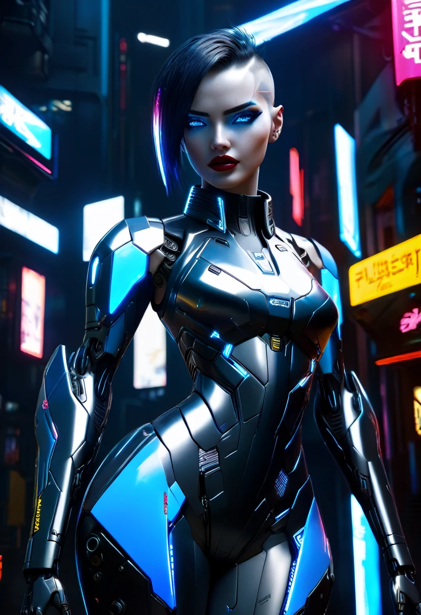 Hyper realistic photo Realism CG 8K mecha cyberpunk 2077, perfect face, thin curved eyebrows, eyeliner, dark eye shadow, vibrant lipstick, perfect makeup, half shaved hair, Mecha cyborg arms, slinder perky breast, mecha cyborg legs, in the world of Cyberpunk 2077, neon blue sapphire eyes,