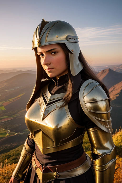 At the top of a steep hill, against the twilight horizon, an imposing figure stands with majesty. A woman, wearing full armor, stands at the highest point of the terrain, gazing determinedly into the valley below. Her helmet is adorned with intricate details, with a visor that reveals only her resolute eyes, shining with the golden light of the setting sun. Her armor, polished to an impeccable shine, is a masterpiece of craftsmanship, each plate meticulously forged to offer maximum protection without compromising mobility. Each piece gleams as it reflects the last rays of sunlight, creating a striking contrast with the somber landscape around her. In her right hand, she holds a longsword, whose gleaming blade seems eager to challenge any adversary that dares to cross her path. In the left, a shield adorned with a familiar crest, symbol of her lineage and heritage. The wind gently stirs the cape that envelops her shoulders, highlighting her firm and confident posture. She is a fearless warrior, a defender of her realm and her people, ready to face any challenge that fate may hold. Around her, the medieval scenery unfolds in all its grandeur. Castle towers rise against the orange-tinted sky, while verdant fields stretch as far as the eye can see. The distant sound of church bells and the clashing of swords echo through the air, reminding her of the constantly conflicted world she has sworn to protect. In this solemn moment, she prepares to descend the steep slope toward the valley below, where destiny awaits with its challenges and dangers. But she does not falter; her heart is filled with courage and determination, ready to face any battle that life may present her.