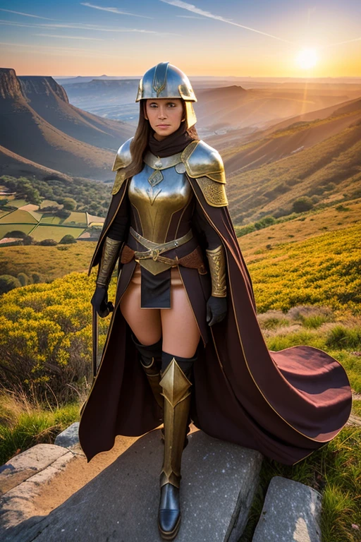 At the top of a steep hill, against the twilight horizon, an imposing figure stands with majesty. A woman, wearing full armor, stands at the highest point of the terrain, gazing determinedly into the valley below. Her helmet is adorned with intricate details, with a visor that reveals only her resolute eyes, shining with the golden light of the setting sun. Her armor, polished to an impeccable shine, is a masterpiece of craftsmanship, each plate meticulously forged to offer maximum protection without compromising mobility. Each piece gleams as it reflects the last rays of sunlight, creating a striking contrast with the somber landscape around her. In her right hand, she holds a longsword, whose gleaming blade seems eager to challenge any adversary that dares to cross her path. In the left, a shield adorned with a familiar crest, symbol of her lineage and heritage. The wind gently stirs the cape that envelops her shoulders, highlighting her firm and confident posture. She is a fearless warrior, a defender of her realm and her people, ready to face any challenge that fate may hold. Around her, the medieval scenery unfolds in all its grandeur. Castle towers rise against the orange-tinted sky, while verdant fields stretch as far as the eye can see. The distant sound of church bells and the clashing of swords echo through the air, reminding her of the constantly conflicted world she has sworn to protect. In this solemn moment, she prepares to descend the steep slope toward the valley below, where destiny awaits with its challenges and dangers. But she does not falter; her heart is filled with courage and determination, ready to face any battle that life may present her.
