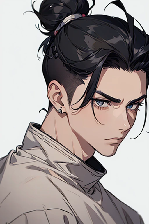 man gradient anime young black hair with low bun shaved sides turns hair to the left side in the middle serious face with black earrings sweatshirt