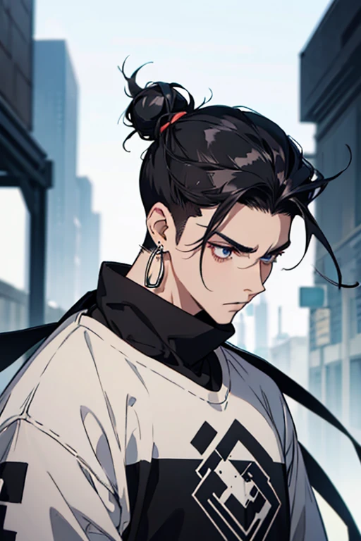 man gradient anime young black hair with low bun shaved sides turns hair to the left side in the middle serious face with black earrings sweatshirt