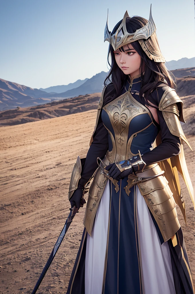 At the top of a steep hill, against the twilight horizon, an imposing figure stands with majesty. A woman, wearing full armor, stands at the highest point of the terrain, gazing determinedly into the valley below. Her helmet is adorned with intricate details, with a visor that reveals only her resolute eyes, shining with the golden light of the setting sun. Her armor, polished to an impeccable shine, is a masterpiece of craftsmanship, each plate meticulously forged to offer maximum protection without compromising mobility. Each piece gleams as it reflects the last rays of sunlight, creating a striking contrast with the somber landscape around her. In her right hand, she holds a longsword, whose gleaming blade seems eager to challenge any adversary that dares to cross her path. In the left, a shield adorned with a familiar crest, symbol of her lineage and heritage. The wind gently stirs the cape that envelops her shoulders, highlighting her firm and confident posture. She is a fearless warrior, a defender of her realm and her people, ready to face any challenge that fate may hold. Around her, the medieval scenery unfolds in all its grandeur. Castle towers rise against the orange-tinted sky, while verdant fields stretch as far as the eye can see. The distant sound of church bells and the clashing of swords echo through the air, reminding her of the constantly conflicted world she has sworn to protect. In this solemn moment, she prepares to descend the steep slope toward the valley below, where destiny awaits with its challenges and dangers. But she does not falter; her heart is filled with courage and determination, ready to face any battle that life may present her.