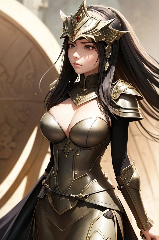 At the top of a steep hill, against the twilight horizon, an imposing figure stands with majesty. A woman, wearing full armor, stands at the highest point of the terrain, gazing determinedly into the valley below. Her helmet is adorned with intricate details, with a visor that reveals only her resolute eyes, shining with the golden light of the setting sun. Her armor, polished to an impeccable shine, is a masterpiece of craftsmanship, each plate meticulously forged to offer maximum protection without compromising mobility. Each piece gleams as it reflects the last rays of sunlight, creating a striking contrast with the somber landscape around her. In her right hand, she holds a longsword, whose gleaming blade seems eager to challenge any adversary that dares to cross her path. In the left, a shield adorned with a familiar crest, symbol of her lineage and heritage. The wind gently stirs the cape that envelops her shoulders, highlighting her firm and confident posture. She is a fearless warrior, a defender of her realm and her people, ready to face any challenge that fate may hold. Around her, the medieval scenery unfolds in all its grandeur. Castle towers rise against the orange-tinted sky, while verdant fields stretch as far as the eye can see. The distant sound of church bells and the clashing of swords echo through the air, reminding her of the constantly conflicted world she has sworn to protect. In this solemn moment, she prepares to descend the steep slope toward the valley below, where destiny awaits with its challenges and dangers. But she does not falter; her heart is filled with courage and determination, ready to face any battle that life may present her.