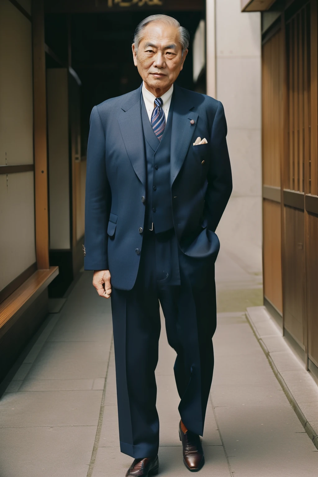 Japan, 1949. ((((59-year-old)) Iwamura Ken)), kind, strong, ((loving expression)), ((((bussinessman clothings from the 1940s, elegant suit)))), ((hairstyle of the 1940s)), full body, color