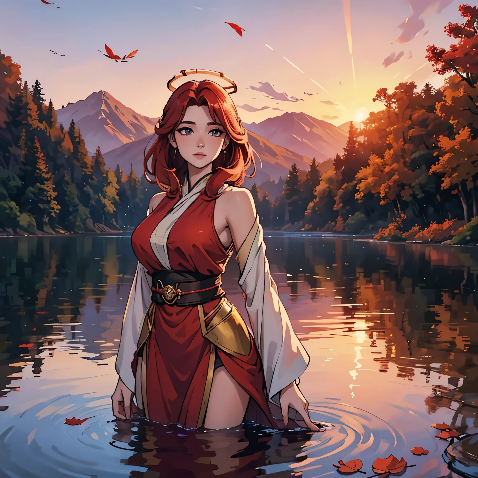 ethereal beauty of a 25-year-old woman with resplendent red hair, reminiscent of autumn leaves ablaze. She stands by a tranquil lake at sunset, the sky painted in hues of pink and gold, reflecting off the water's surface. Her hair dances in the gentle breeze, framing her delicate features with a fiery halo. Adorn her in attire that harmonizes with the natural surroundings, enhancing her allure and elegance. Let her gaze exude confidence and serenity, inviting viewers into a world of enchantment and wonder.