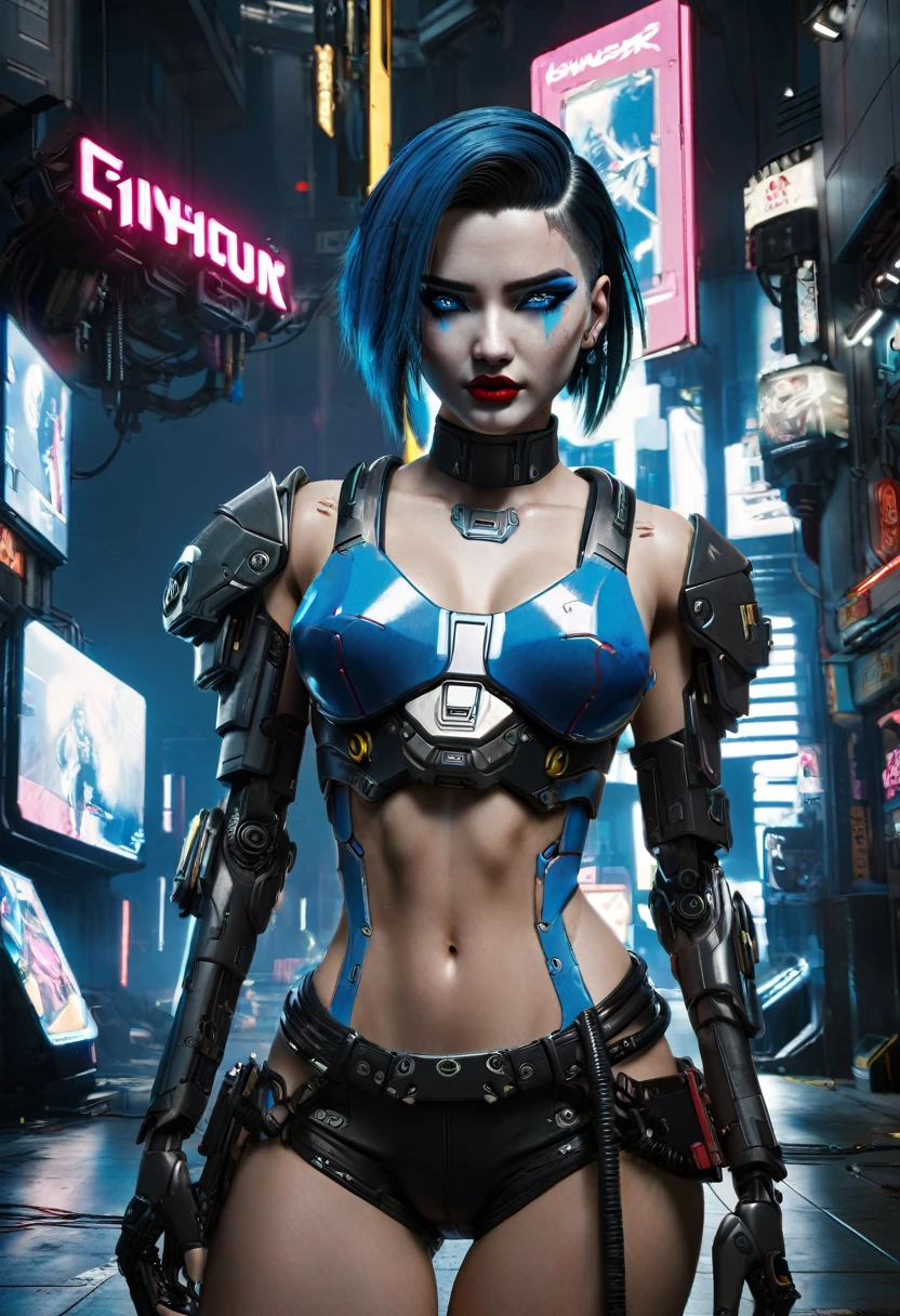 Hyper realistic photo Realism CG 8K mecha cyberpunk 2077, perfect face, thin curved eyebrows, eyeliner, dark eye shadow, vibrant lipstick, perfect makeup, half shaved hair, Mecha cyborg arms, tattered croptop, slinder perky breast, short booty shorts, (butt crack:1.0), mecha cyborg legs, in the world of Cyberpunk 2077, neon blue sapphire eyes,