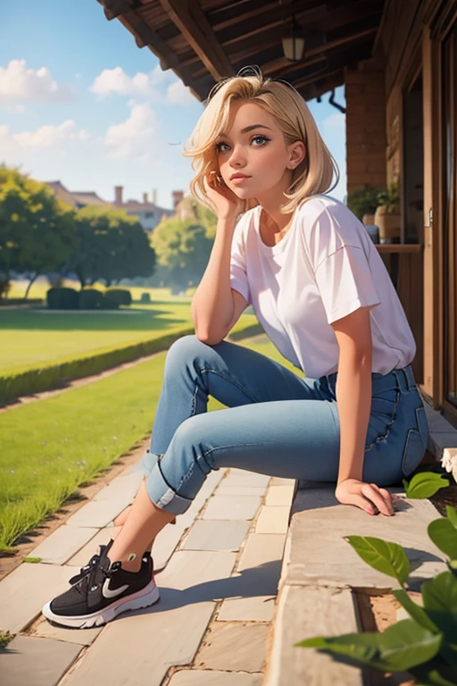 A girl with dark circles under her eyes and blond hair is wearing a white shirt, purple pants and black shoes. balcony of a house overlooking a field
