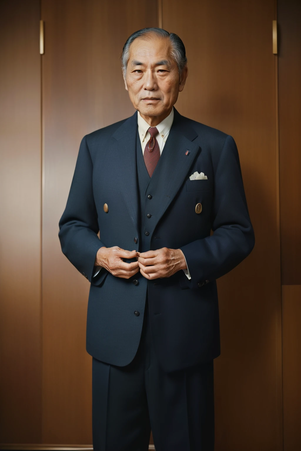 Japan, 1949. ((((59-year-old)) Iwamura Ken)), kind, strong, ((loving expression)), ((((bussinessman clothings from the 1940s, elegant suit)))), ((hairstyle of the 1940s)), full body, color
