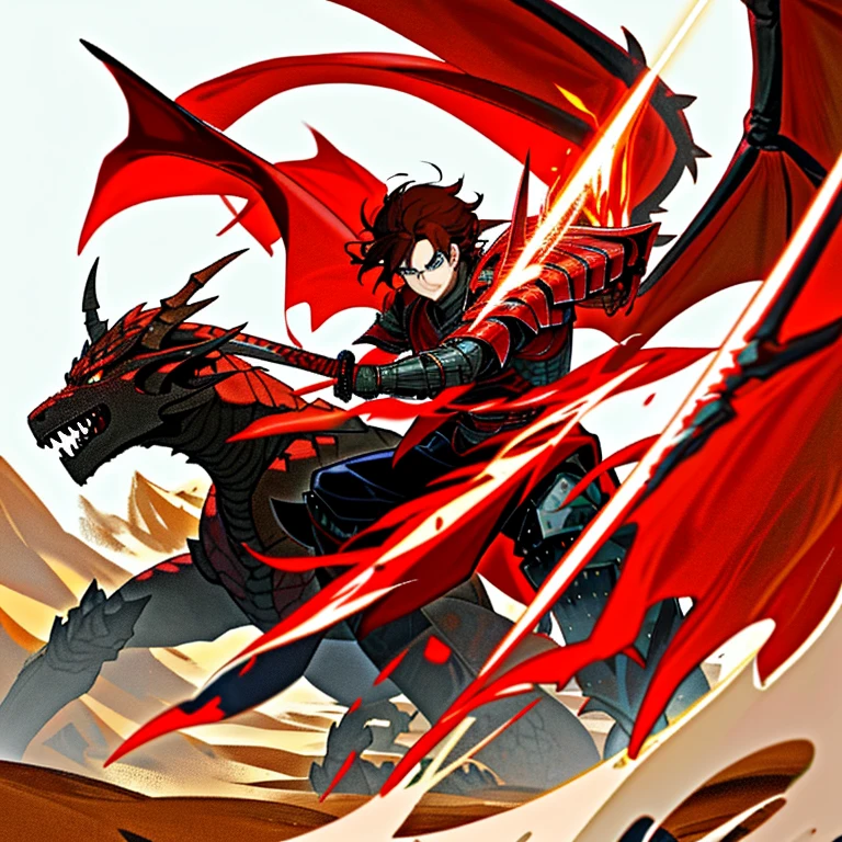 Male black haired Dragon Rider in full red battle armor, The dragon Rider has a red sword, the rider is fighting another person with blue eyes and brown hair, the other person also has a blue sword, they are fighting in a desert,
