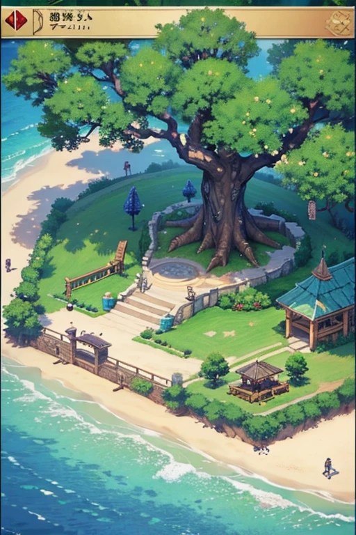 fantasy world, estilo isekai de anime, zona de comercio en la playa, estilo pixel art
