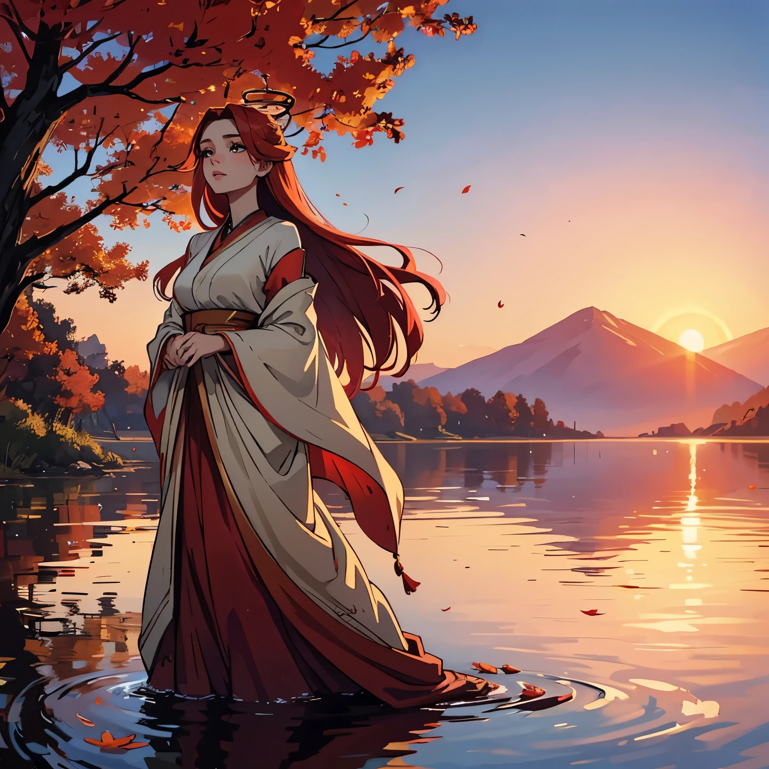 ethereal beauty of a 25-year-old woman with resplendent red hair, reminiscent of autumn leaves ablaze. She stands by a tranquil lake at sunset, the sky painted in hues of pink and gold, reflecting off the water's surface. Her hair dances in the gentle breeze, framing her delicate features with a fiery halo. Adorn her in attire that harmonizes with the natural surroundings, enhancing her allure and elegance. Let her gaze exude confidence and serenity, inviting viewers into a world of enchantment and wonder.