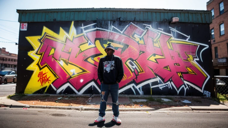 One man,south bronx hiphop, hip hop, wrap ,Graffiti art,against the backdrop of the city,(80&#39;s), Intricate details, Super detailed , Cinema Soft Light, Exposure Blending, Dynamic Range, front