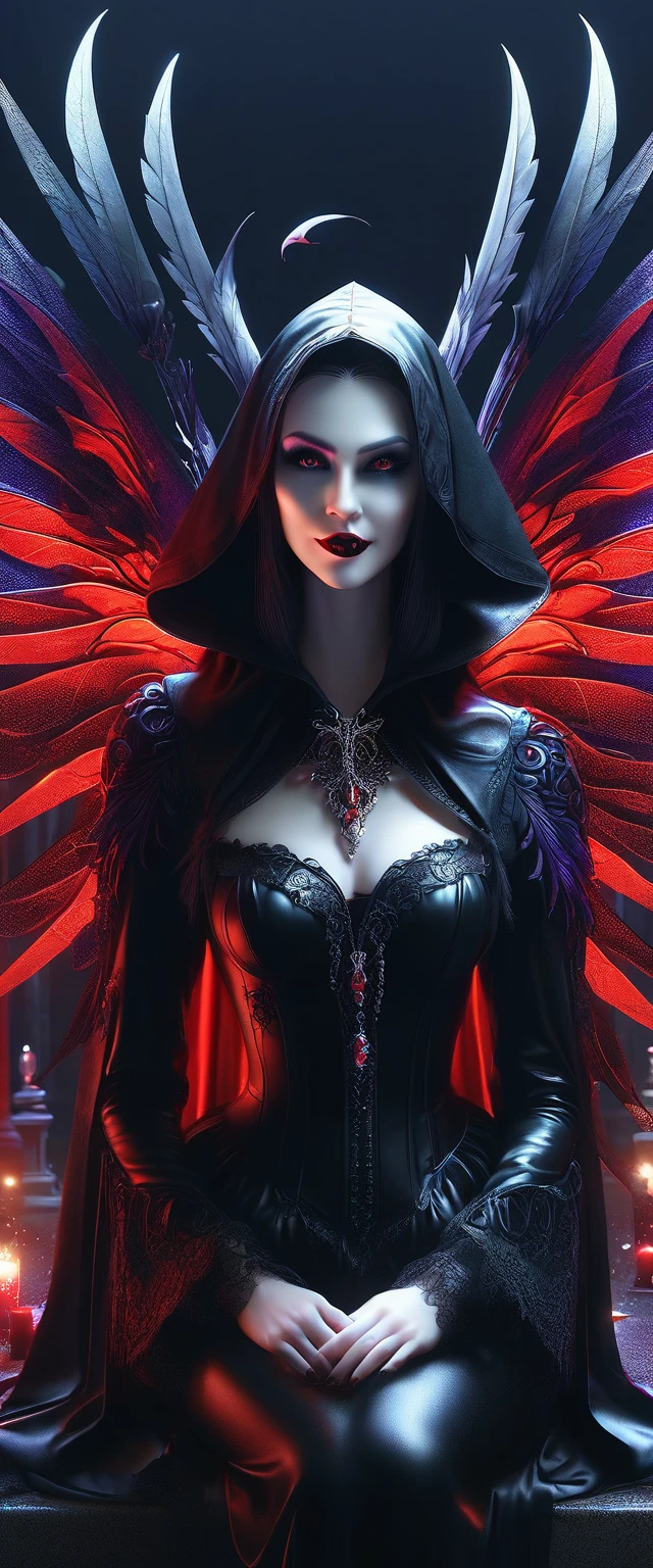 general full body shot: 1.5, (((night, darkness, beautiful winged woman dressed in black gothic style:1.7))) hood, opens her mouth showing her teeth with fangs:1., red and black back ground, optical, Panoramic lighting, atmospheric perspective, night, darkness, survey: 5D, Clear facial features, Vampire wings spread, impressive details, 8K Ultra-resolution, Stunning illustration, the best of all, Award-winning, how to be the best, ((red, black , purple colors: 1.5)), cemetery setting, magical, idyllic, epic: 1.5, photorealistic: 1.4, Skin texture: 1.4, super detailed and perfect, Masterpiece, super detailed, hyper detailed, well-defined lights and shadows , 32K