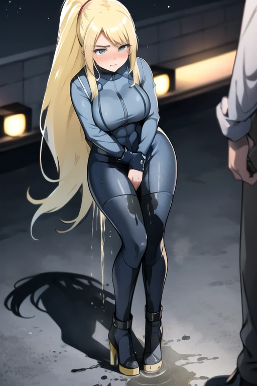 samus aran, (facing viewer:1.25), ponytail, large breasts, hair tie, blue gloves, blue bodysuit, high heels, (standing straight:2.0), peeing herself, wetting herself, very large peeing stain, huge pee stain, best quality, ultra-detailed, HDR, studio lighting, professional, vivid colors, sharp focus, physiologically-based rendering, bokeh, landscape, blue color palette, soft lighting, dynamic shadows, (knees together, feet apart:1.25), (hands on hips:1.25), embarrassed, humiliation, blushing, angry, tears