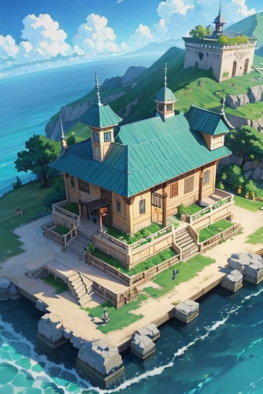 fantasy world, estilo isekai de anime, zona de comercio en la playa, estilo pixel art
