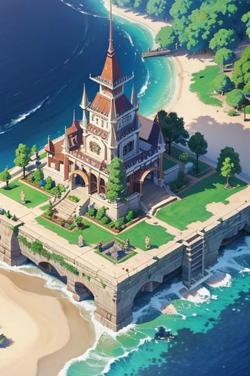 fantasy world, estilo isekai de anime, zona de comercio en la playa, estilo pixel art